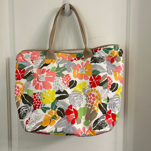 LeSportsac Tote Weekender Travel Bag Tan Straps White Multicolor Floral 18x13x7 - Picture 4 of 16